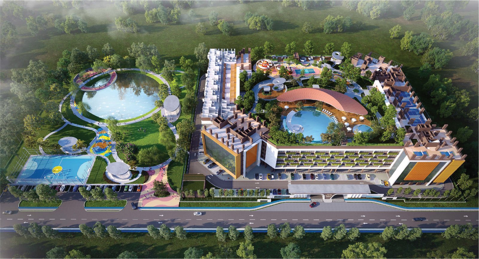 Gambaran artis podium rekreasi Xanadu dan taman tasik awam bersebelahan