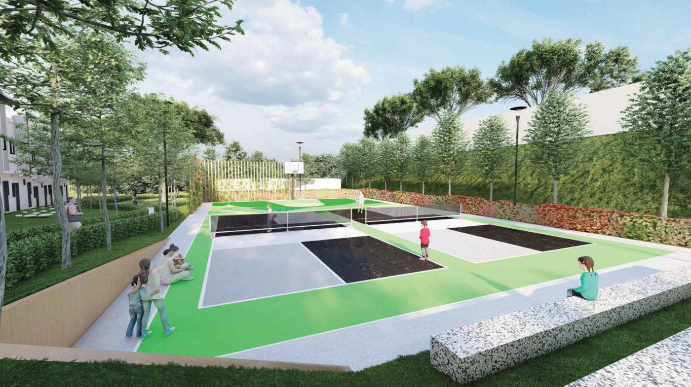 Lakaran artis gelanggang pickleball dan bola keranjang separuh dalam taman utama Armanee