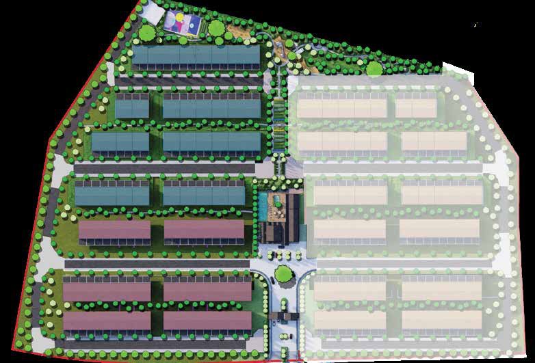 Pelan tapak Armanee: enam baris rumah teres RT2 dan RT4 dengan taman linear di antaranya, kelab kediaman dan kolam renang di tengah, taman utama di utara dan fasa akan datang di sebelah kanan