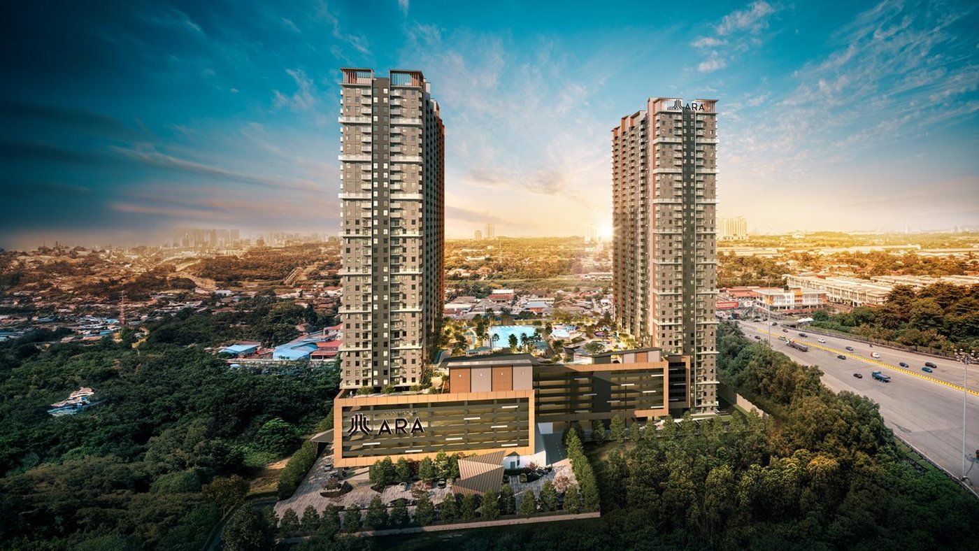 Lakaran artis dua menara Ara Residences dengan podium, kolam renang dan lebuhraya di sebelah kanan