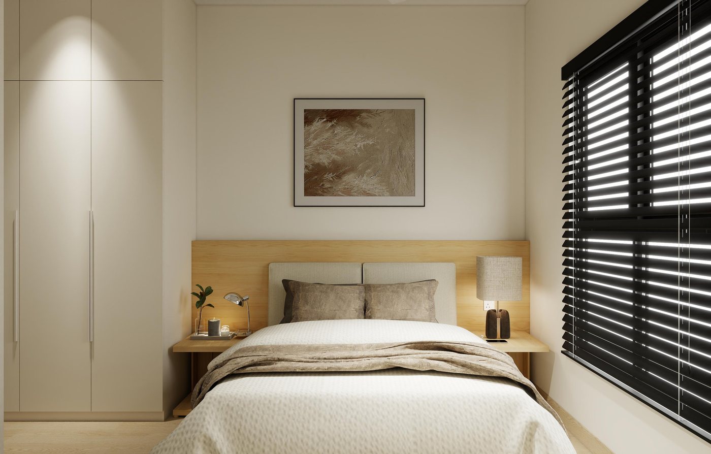 Lakaran reka bentuk dalaman pakej fully furnished Jenis A: bilik tidur utama dengan katil divan queen, panel kepala katil, meja sisi dan almari putih penuh
