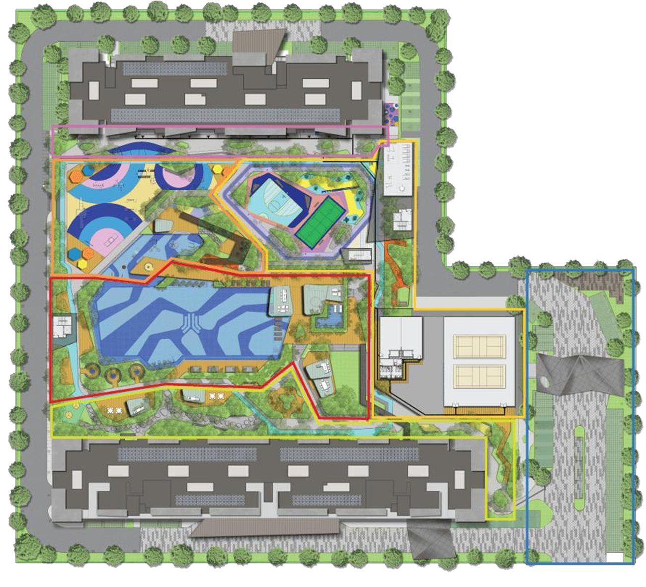 Pelan kemudahan Ara Residences: podium berbentuk L dengan kolam renang, taman, gelanggang dan zon kemudahan di antara dua blok kediaman