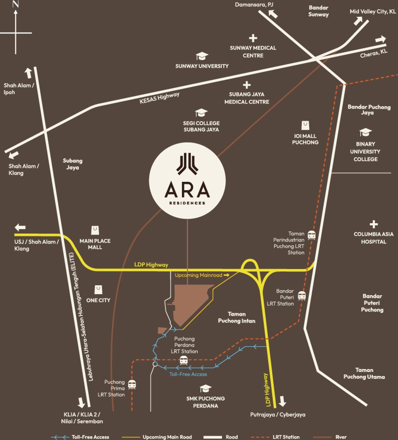 Peta lokasi Ara Residences di tepi Lebuhraya LDP berhampiran Taman Puchong Intan, stesen LRT Puchong Perdana dan Puchong Prima, Main Place Mall dan One City