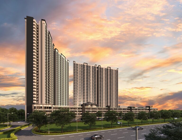 Lakaran artis menara apartmen Residensi Armani Putra dengan podium dan jalan utama di hadapan
