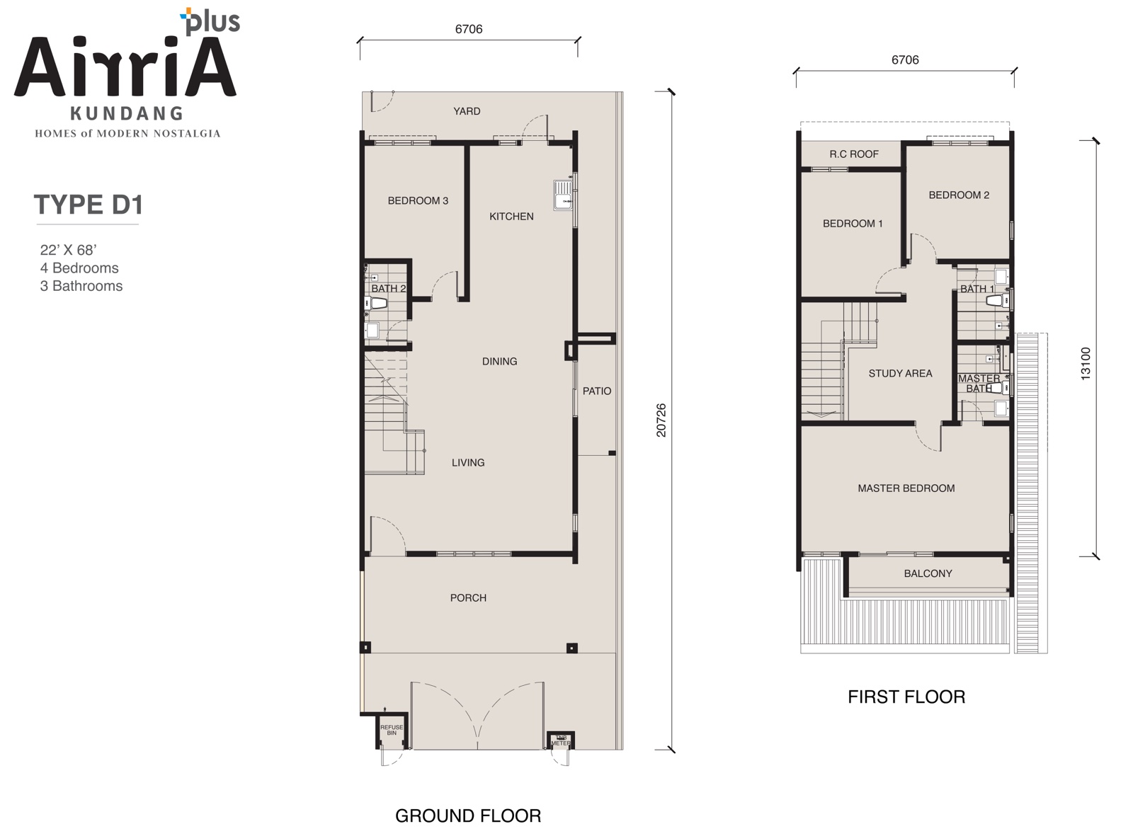 Pelan lantai Jenis D Arria Plus: tingkat bawah dengan anjung kereta, ruang tamu, ruang makan, dapur, bilik tidur 3 dan bilik air; tingkat atas dengan bilik tidur utama, bilik tidur 1 dan 2, ruang belajar, balkoni dan dua bilik air