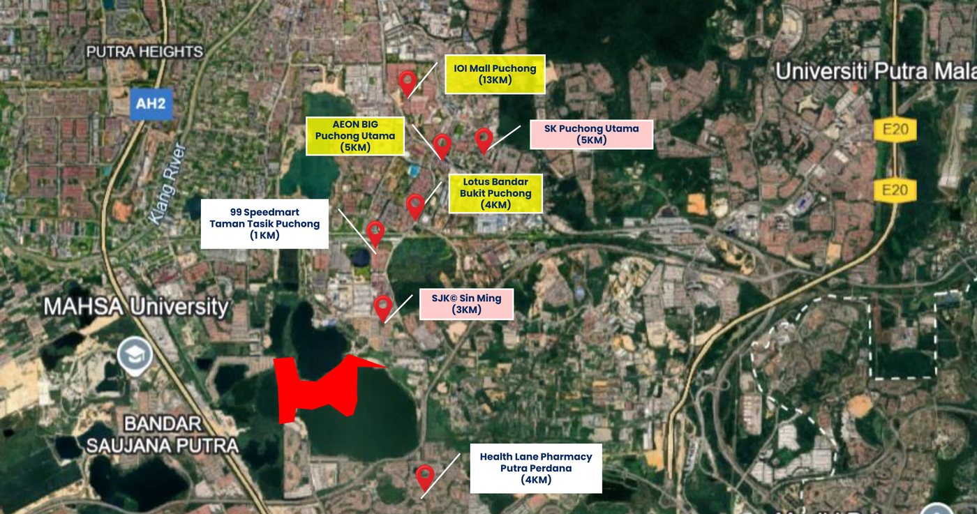 Peta satelit lokasi Aulica (kawasan merah) di tepi tasik D’Island berhampiran Bandar Saujana Putra, dengan penanda kedai, sekolah, pasar raya dan IOI Mall Puchong