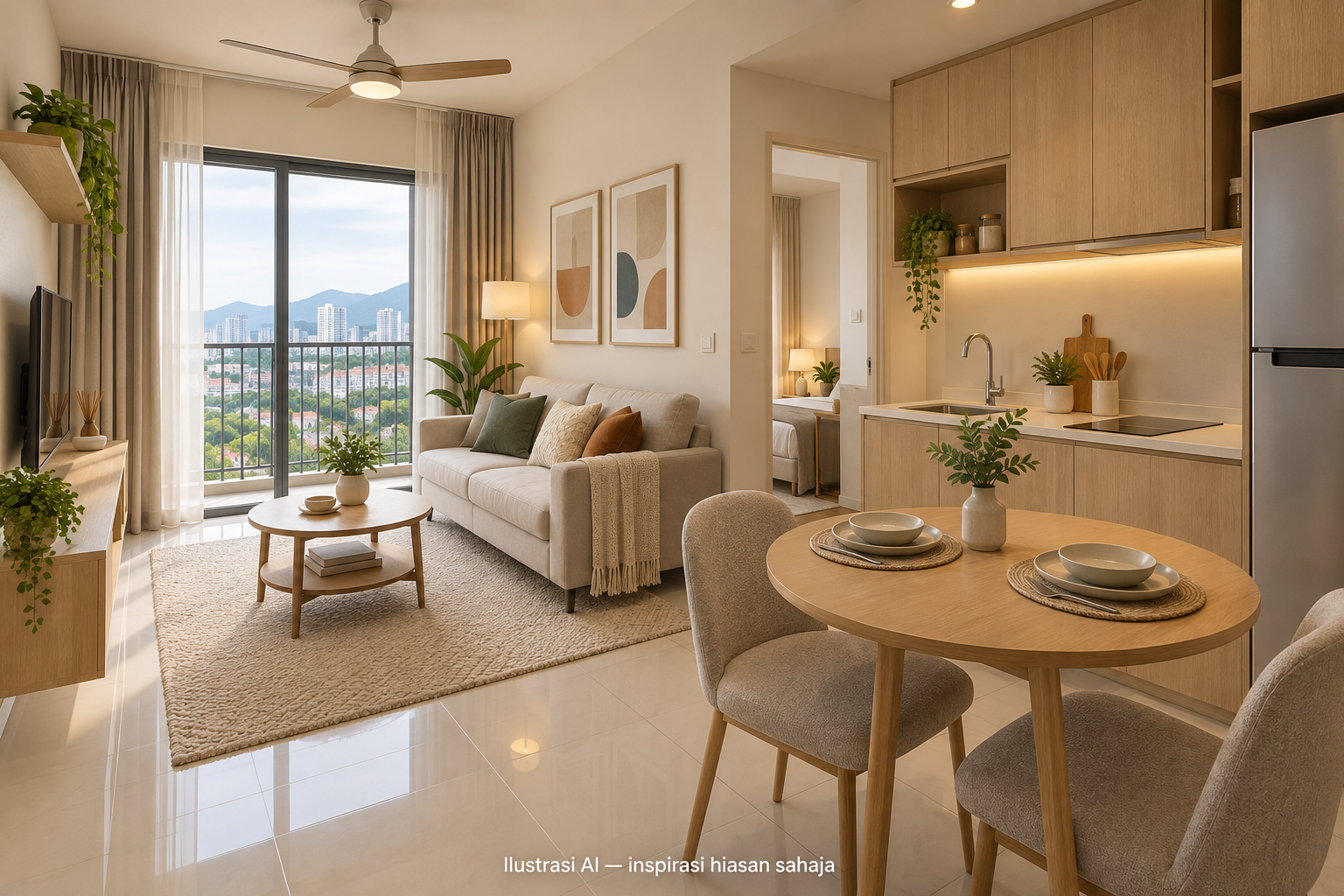 Ilustrasi AI inspirasi ruang tamu dan dapur kompak; bukan foto show unit Aurora