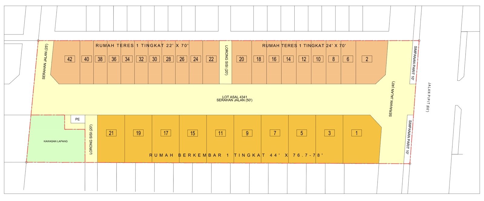 Pelan tapak projek: satu baris rumah teres setingkat 22 kaki x 70 kaki dan 24 kaki x 70 kaki di sebelah atas, satu baris rumah berkembar setingkat di sebelah bawah, dengan kawasan lapang di hujung barat dan jalan utama di sebelah timur