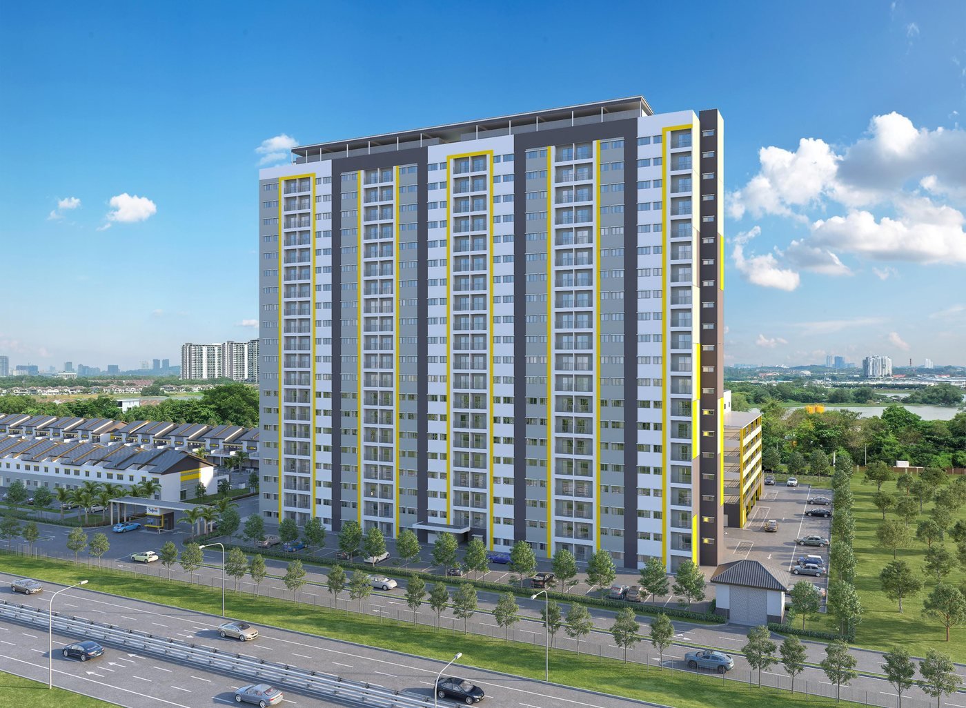 Lakaran artis blok apartmen BSP Sutera berwarna putih, kelabu dan kuning di tepi lebuh raya pada waktu siang
