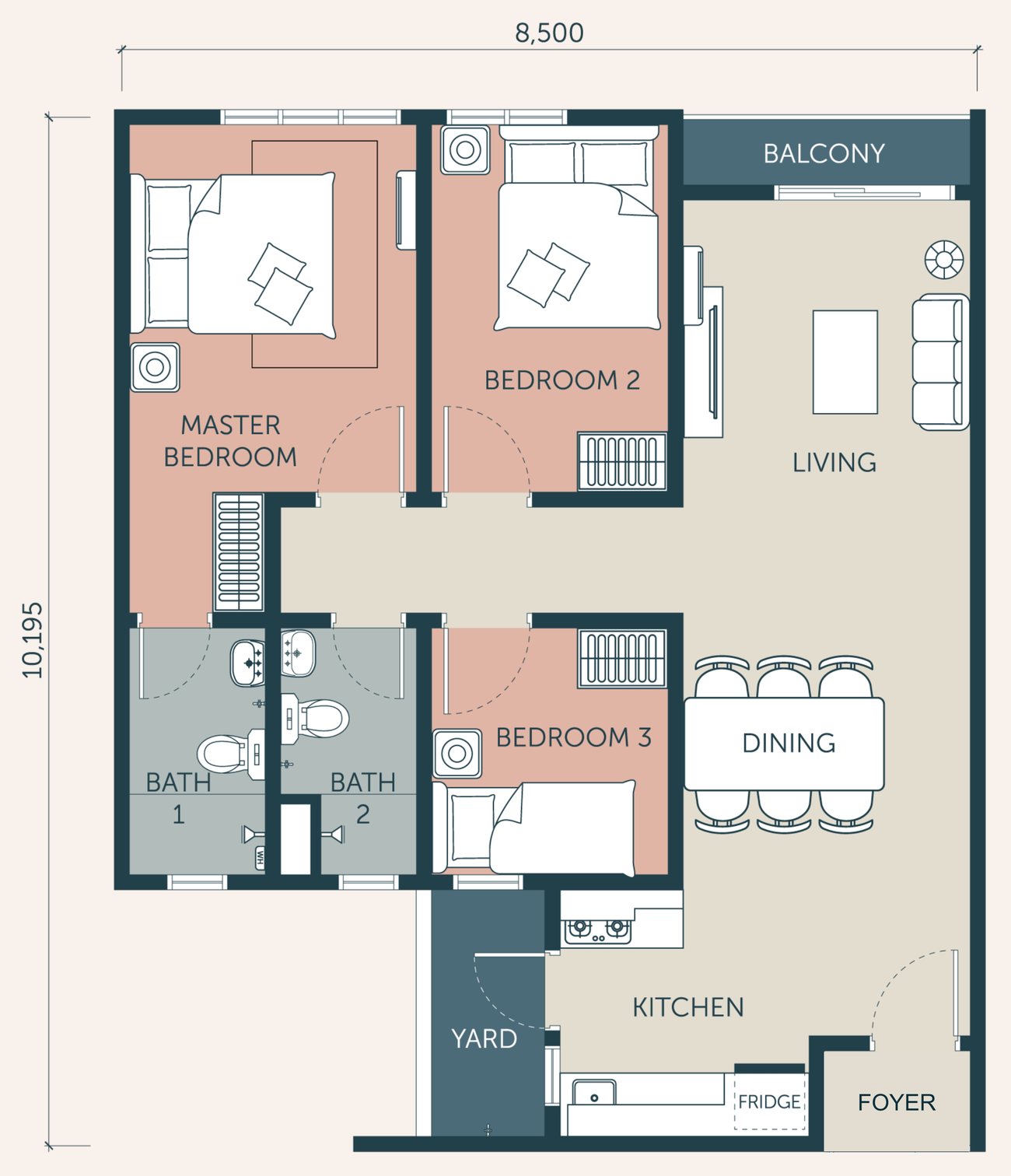 Pelan lantai apartmen BSP Sutera 850 kps: bilik tidur utama, bilik tidur 2 dan 3, dua bilik air, ruang tamu dengan balkoni, ruang makan, dapur, yard dan foyer