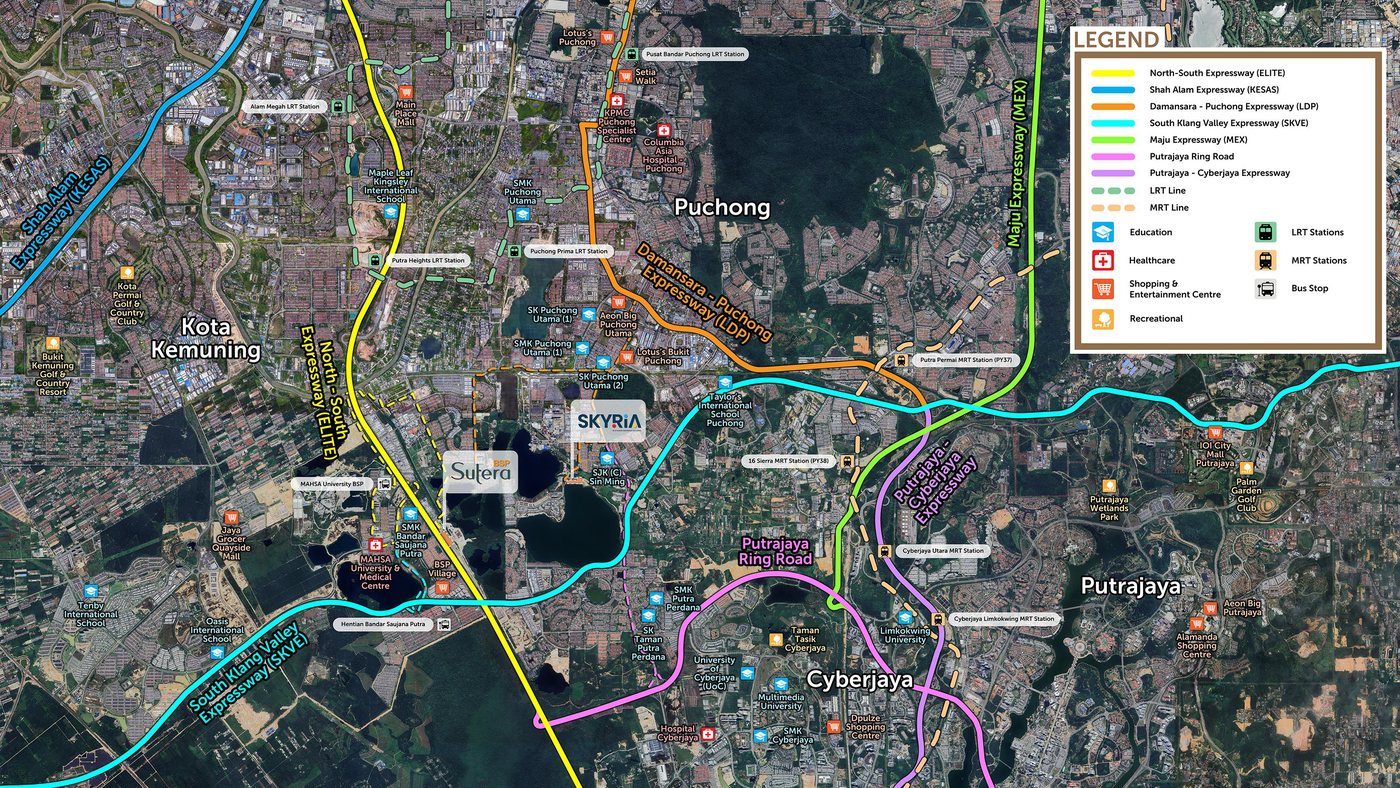Peta lokasi BSP Sutera di Bandar Saujana Puchong berhampiran Lebuhraya ELITE dan SKVE, dengan Puchong, Kota Kemuning, Cyberjaya dan Putrajaya