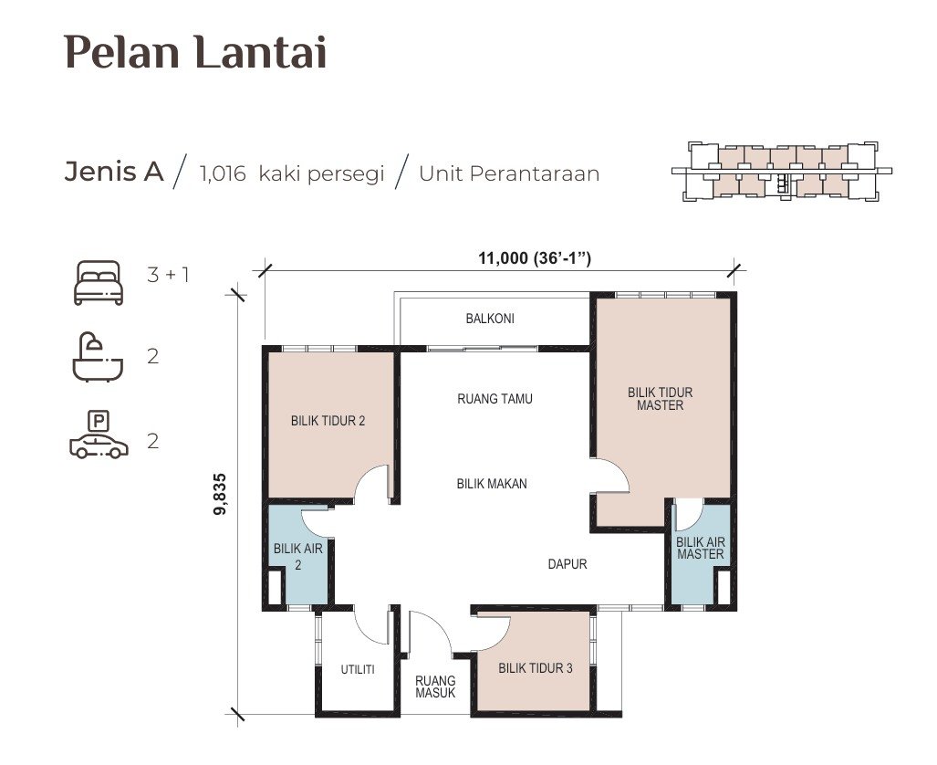 Pelan pemaju · Type A · 1,016 kps · 3 bilik dan ruang utiliti