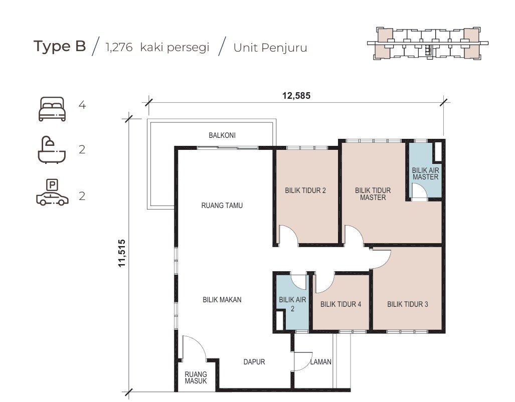 Pelan pemaju · Type B · 1,276 kps · 4 bilik