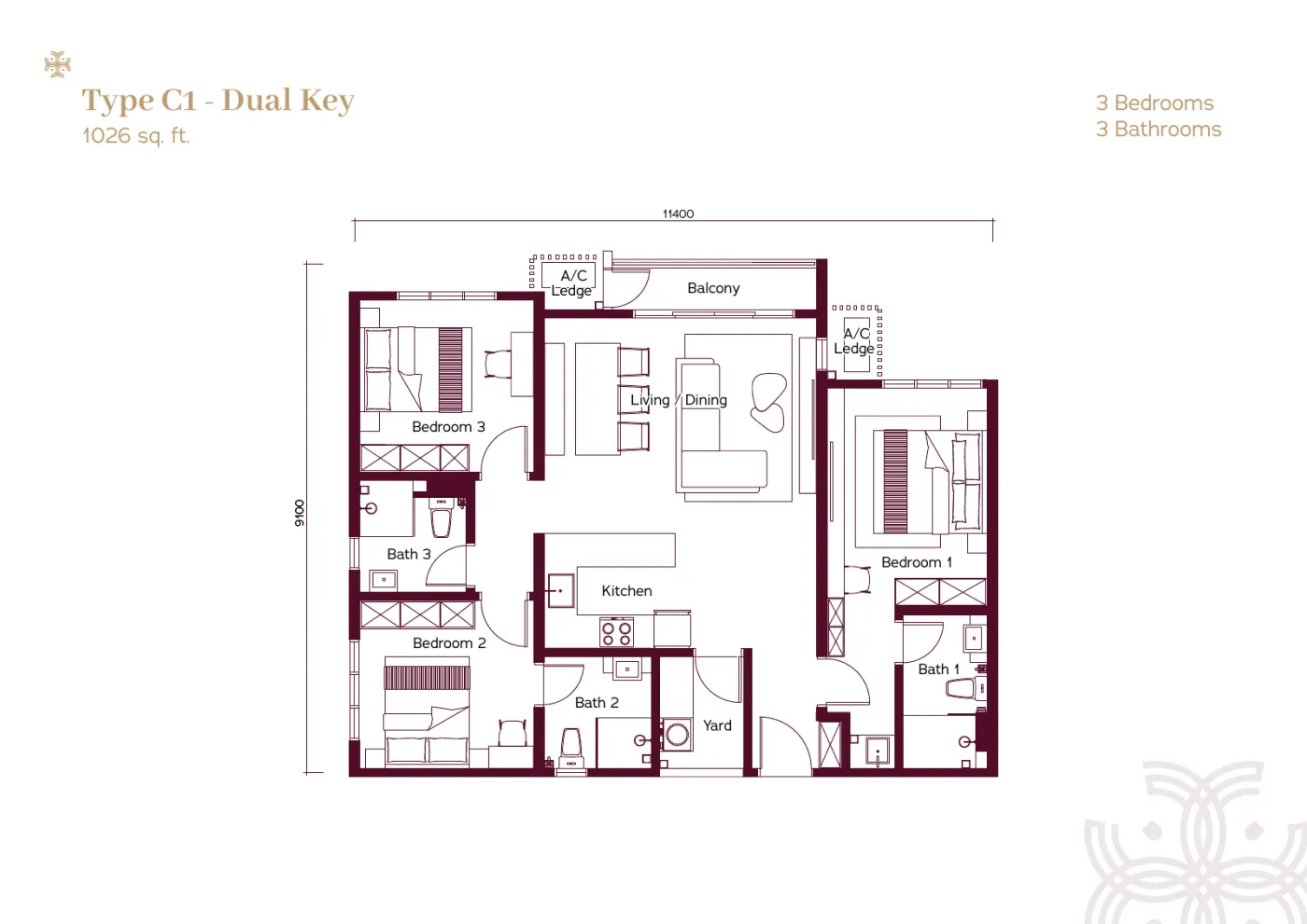 Pelan asal Jenis C1 Dual-key · 1,026 kaki persegi