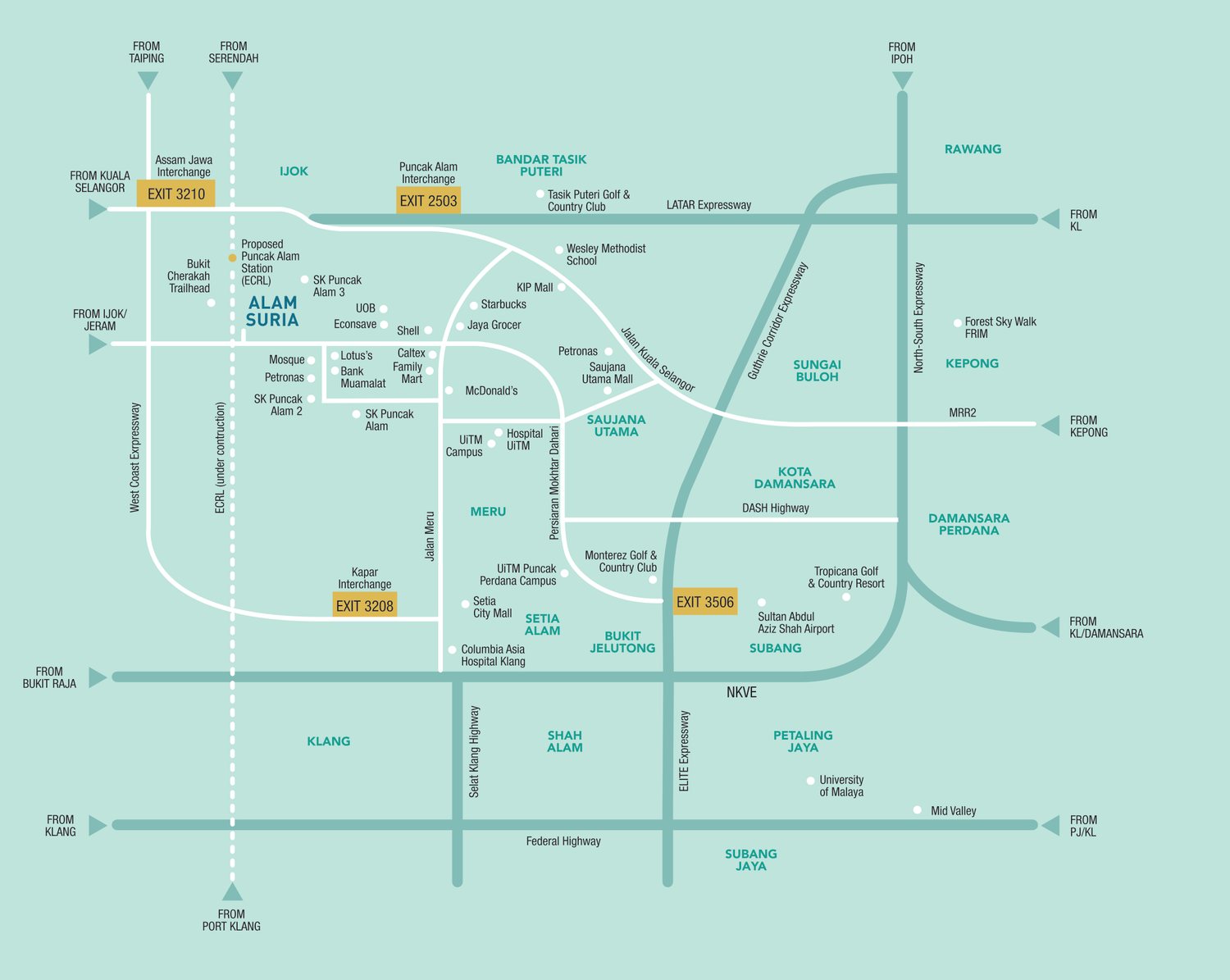 Peta lokasi Alam Suria Puncak Alam menunjukkan Lebuhraya LATAR, Lebuhraya Pantai Barat, Guthrie Corridor, DASH, NKVE, ELITE, cadangan laluan ECRL dan kawasan Shah Alam, Klang serta Kuala Lumpur