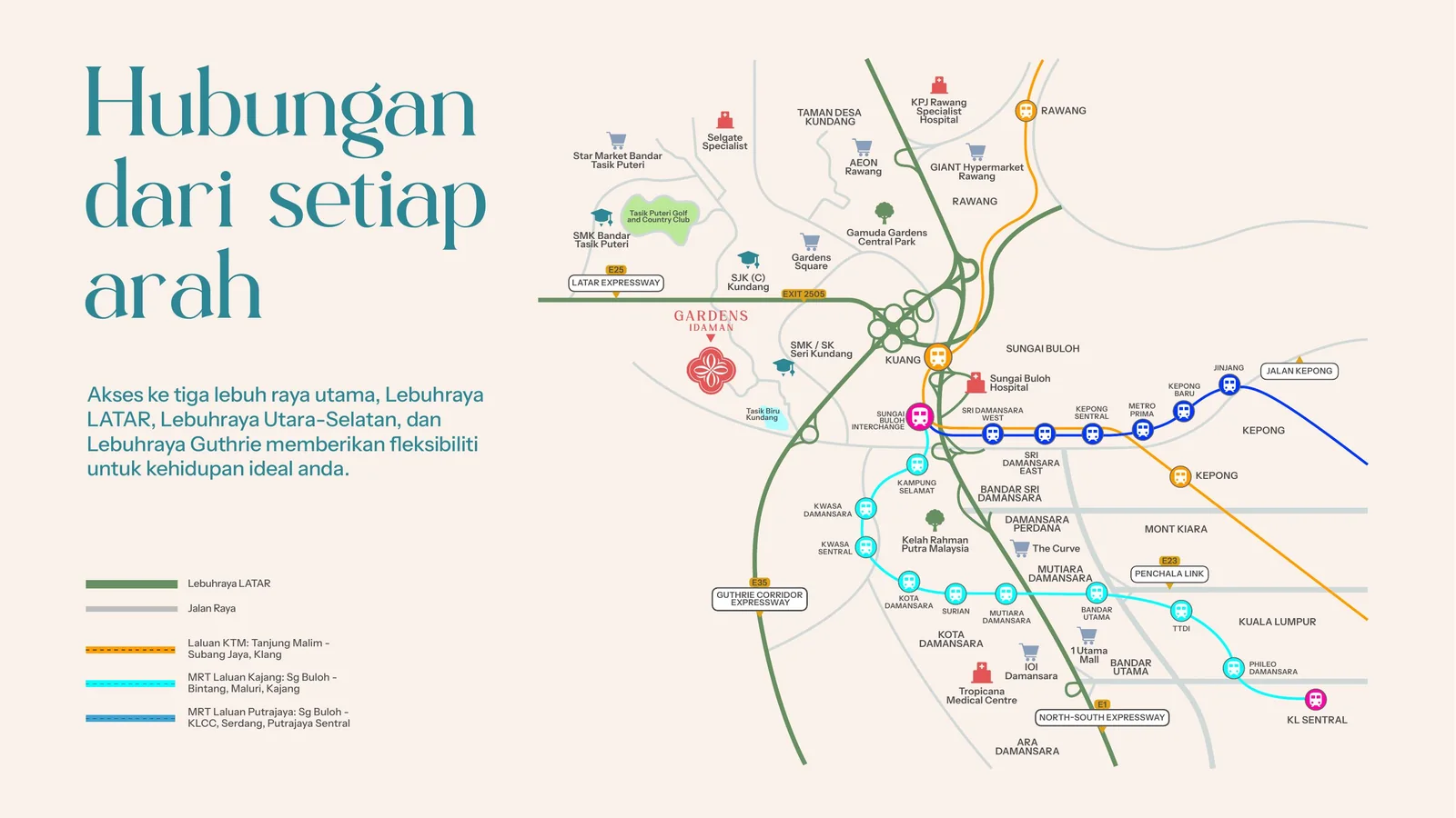 Peta lokasi Gardens Idaman berhampiran jalan utama Kundang dan Rawang