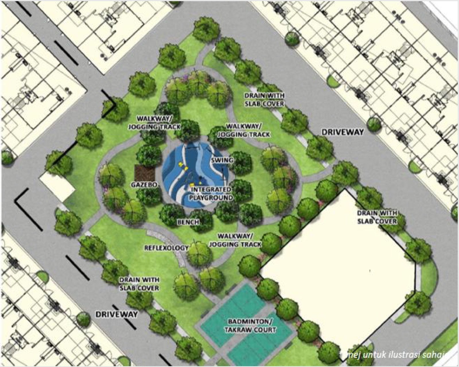 Pelan kawasan rekreasi mini dengan taman permainan, trek joging, gazebo, laluan refleksologi dan gelanggang badminton/takraw