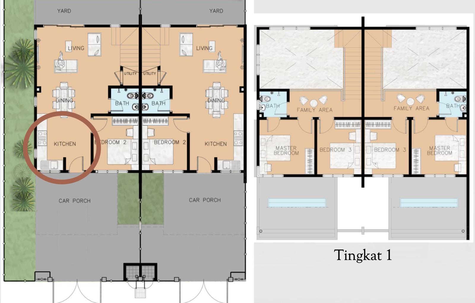 Pelan lantai Jenis B: tingkat bawah dengan anjung kereta, dapur, bilik tidur 2, bilik air, ruang makan dan ruang tamu di belakang; tingkat atas dengan bilik tidur utama, bilik tidur 3, ruang keluarga dan bilik air