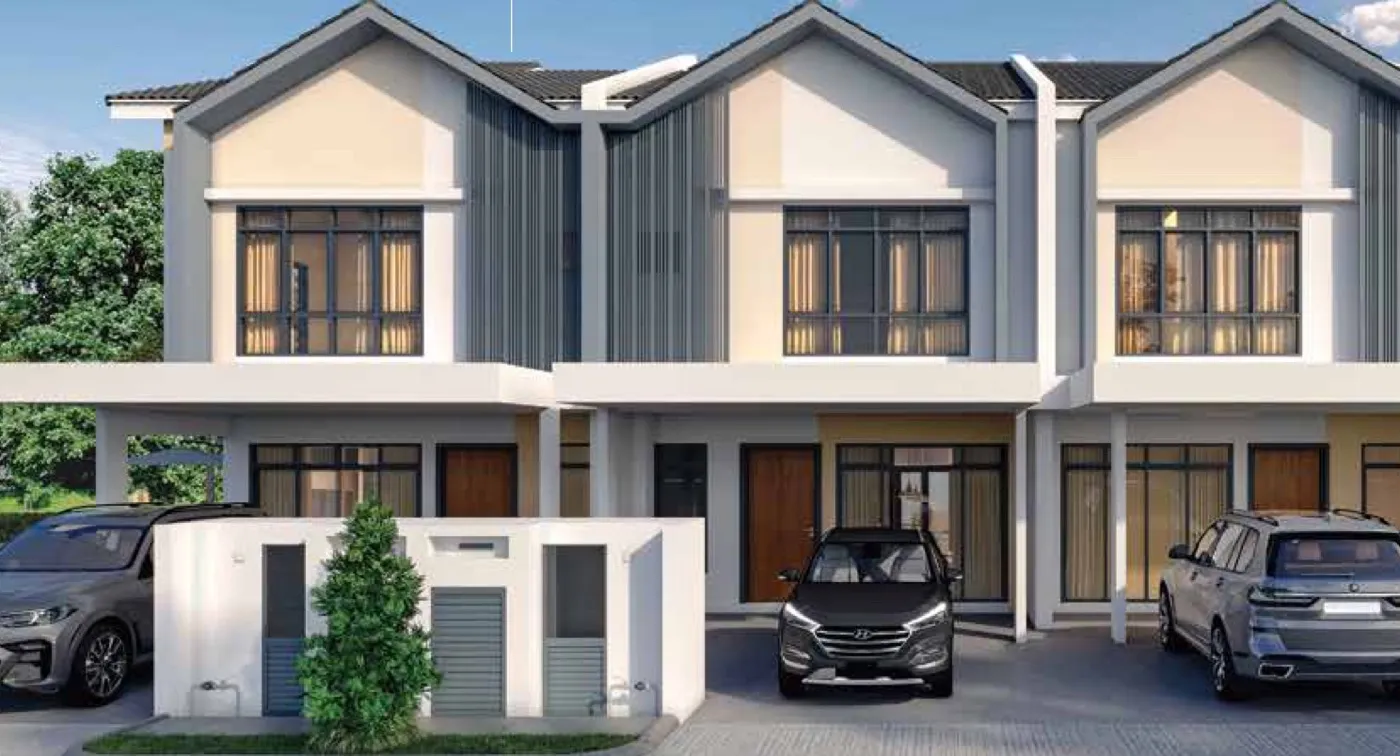 Lakaran artis deretan rumah teres dua tingkat Taman Idaman Jiwa 1 dengan bumbung kelabu dan anjung kereta