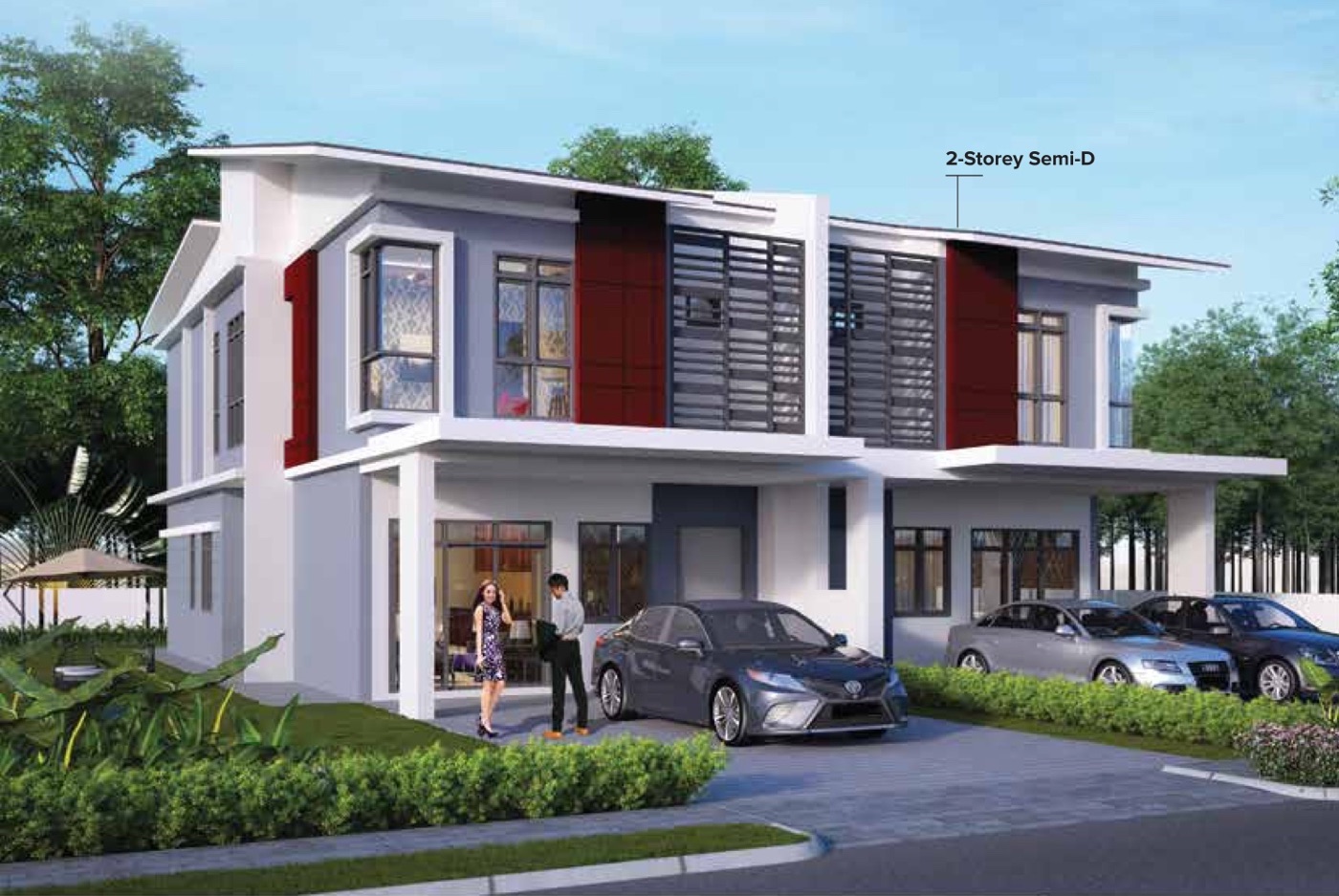Lakaran artis rumah semi-D dua tingkat Inspire @ Teluk Pulai dengan fasad putih, panel merah dan anjung kereta