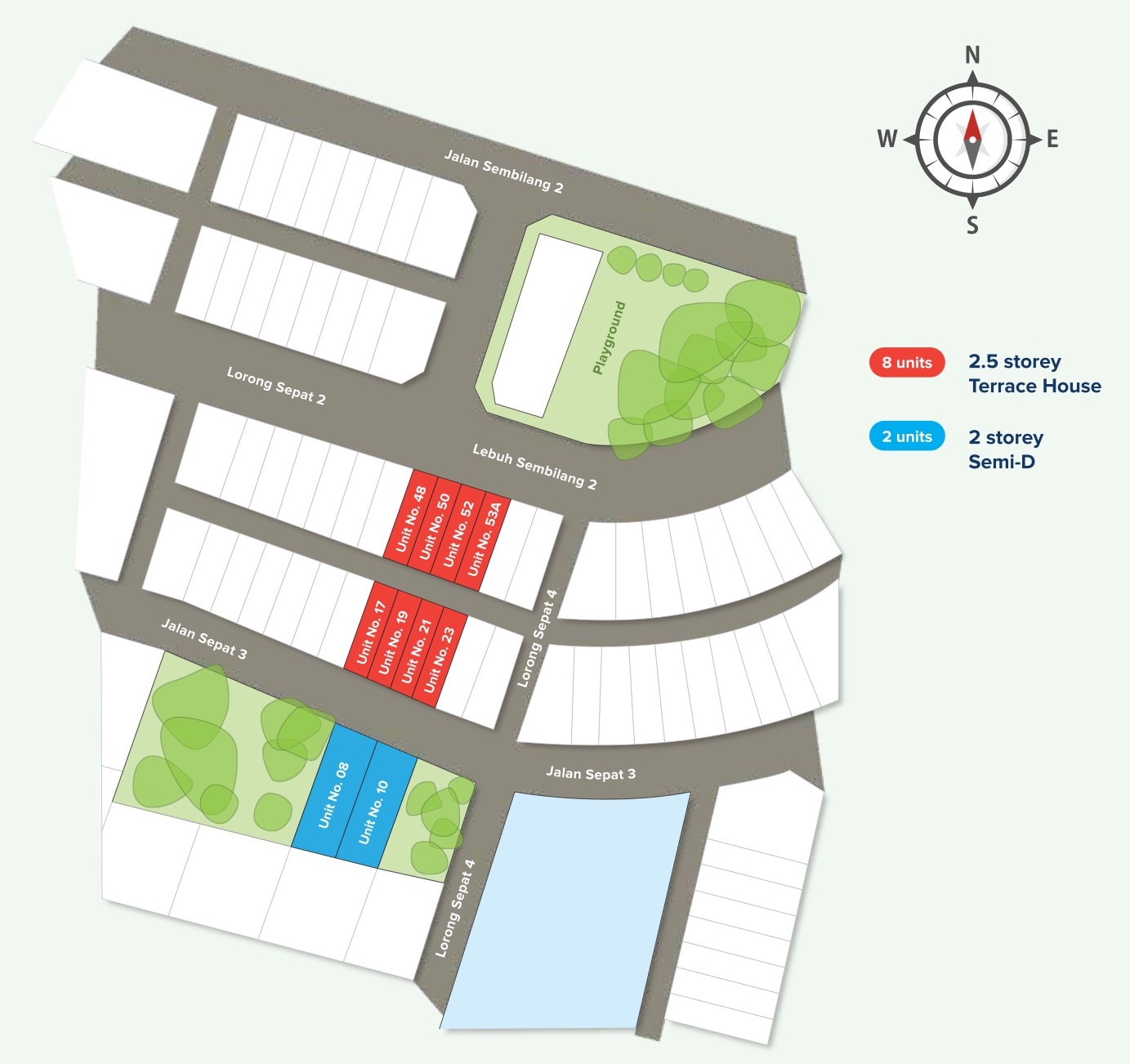Pelan tapak Inspire @ Teluk Pulai: 8 unit teres 2½ tingkat ditanda merah dan 2 unit semi-D ditanda biru di sekitar Lebuh Sembilang 2 dan Jalan Sepat 3, dengan taman permainan