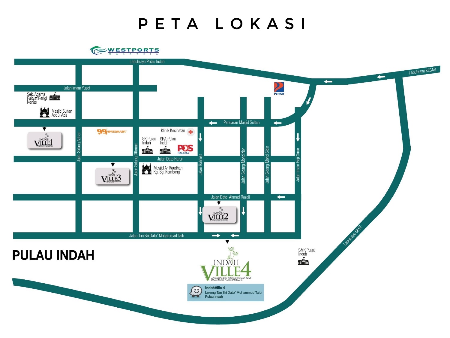 Peta lokasi IndahVille 4 di Lorong Tan Sri Dato' Mohammad Taib, Pulau Indah, berhampiran sekolah, masjid, klinik kesihatan dan Lebuhraya Pulau Indah