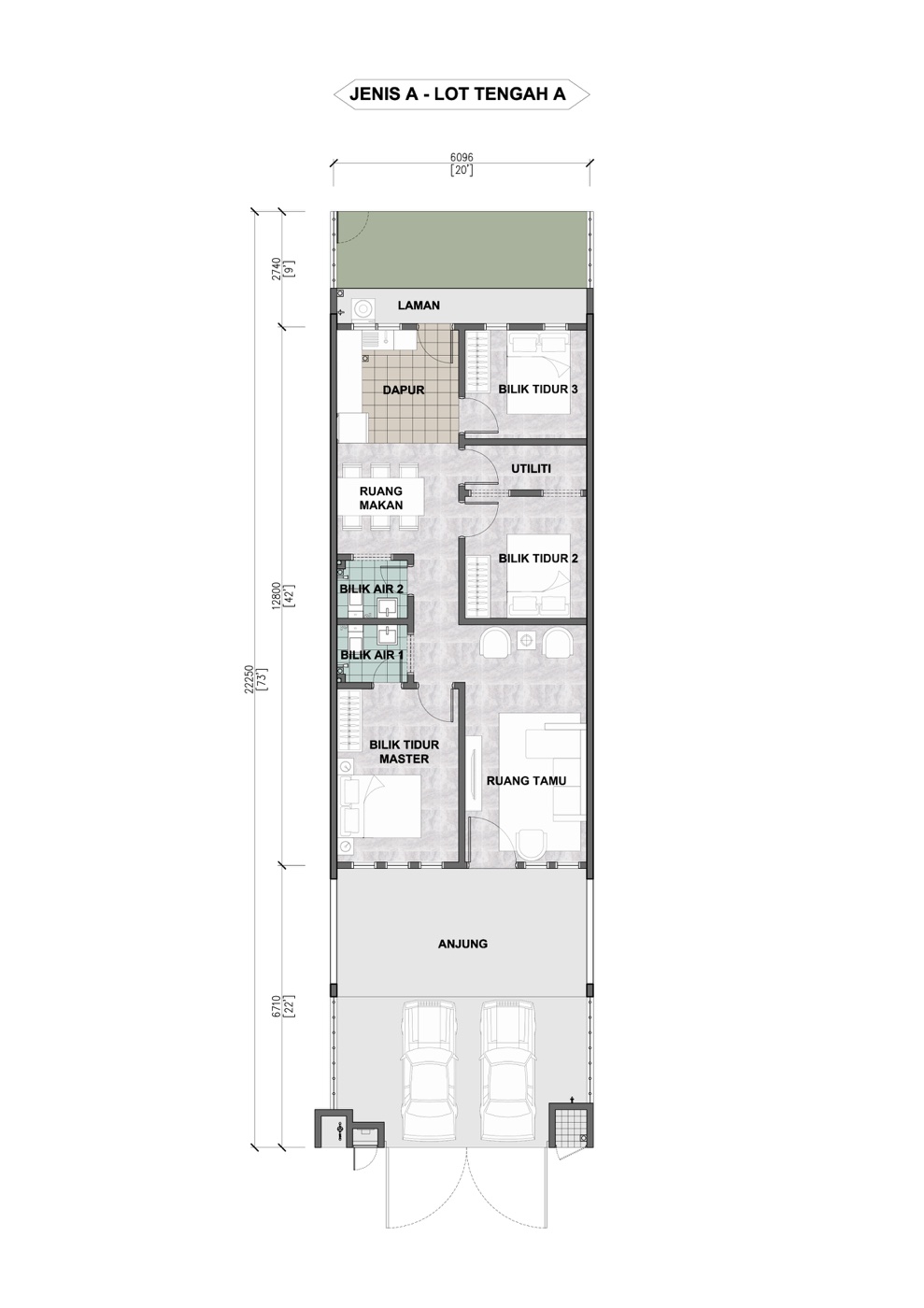 Pelan lantai Jenis A lot tengah J3 Residence: anjung dua kereta, ruang tamu, bilik tidur utama, bilik tidur 2 dan 3, bilik utiliti, dua bilik air, ruang makan, dapur dan laman
