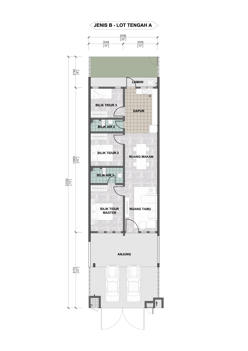 Pelan lantai Jenis B lot tengah J3 Residence dengan tiga bilik tidur, dua bilik air, ruang tamu, ruang makan, dapur dan anjung kereta