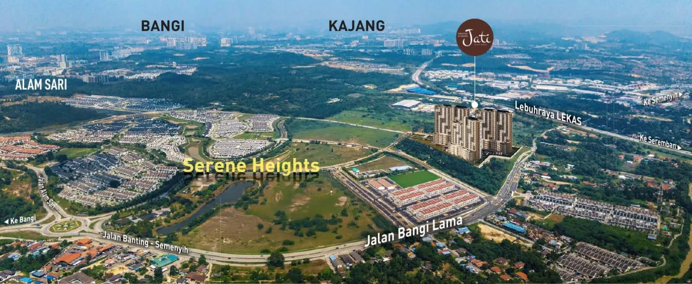 Gambaran lokasi Jati di Serene Heights, dengan Jalan Bangi Lama dan akses LEKAS daripada brosur