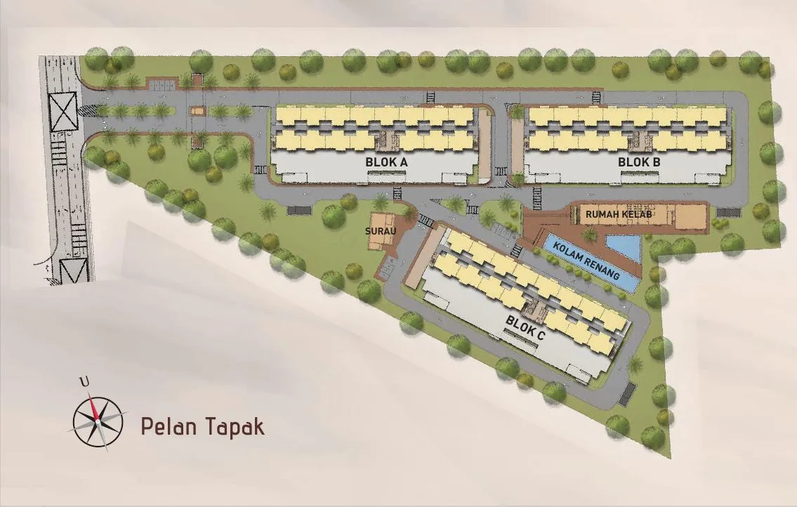 Pelan tapak Jati dengan Blok A, B, C, surau, rumah kelab dan kolam renang