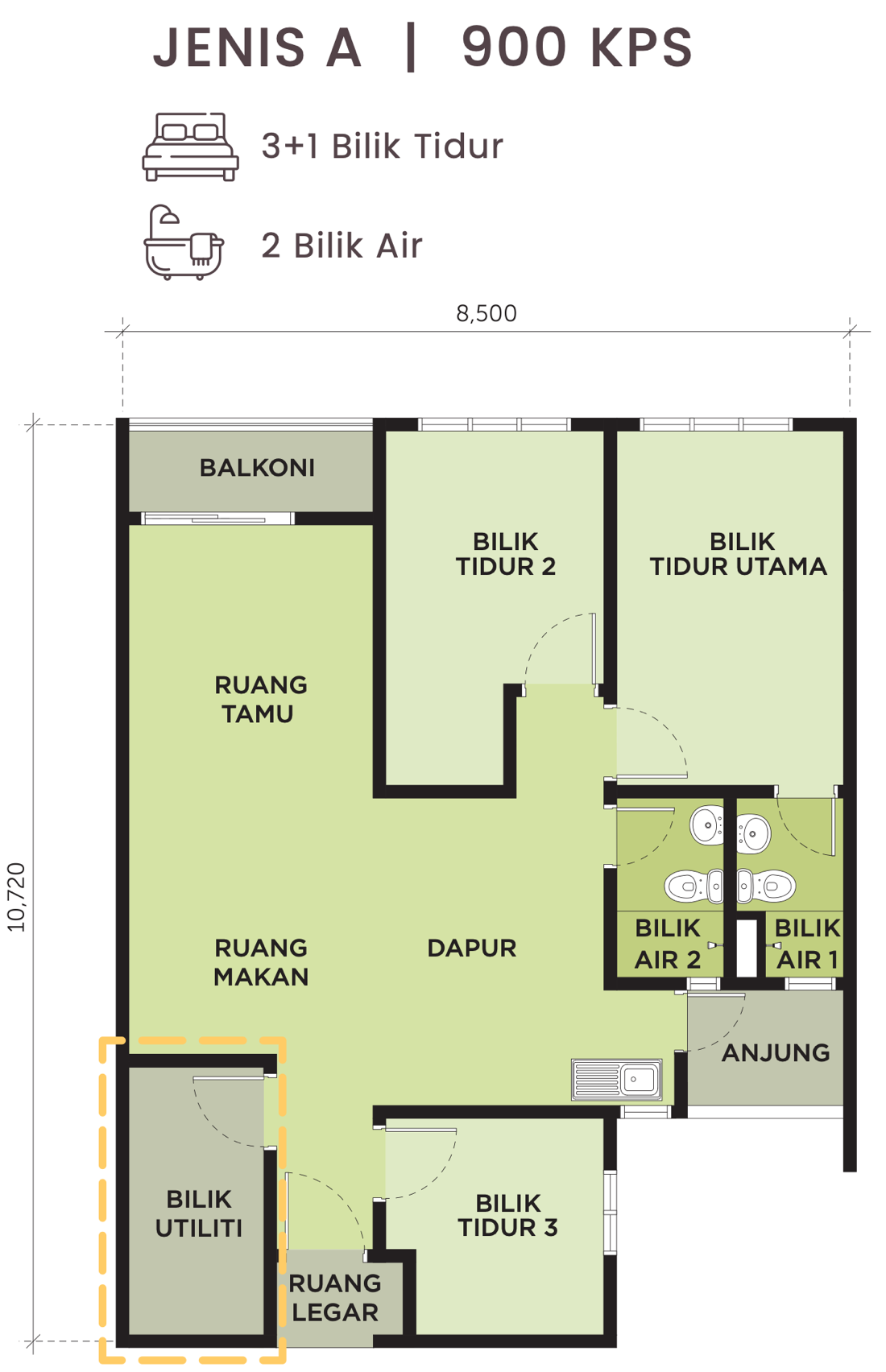 Pelan lantai Jenis A 900 kaki persegi: ruang tamu, ruang makan dan dapur terbuka, balkoni, bilik tidur utama, bilik tidur 2, bilik tidur 3, bilik utiliti, dua bilik air, anjung dan ruang legar