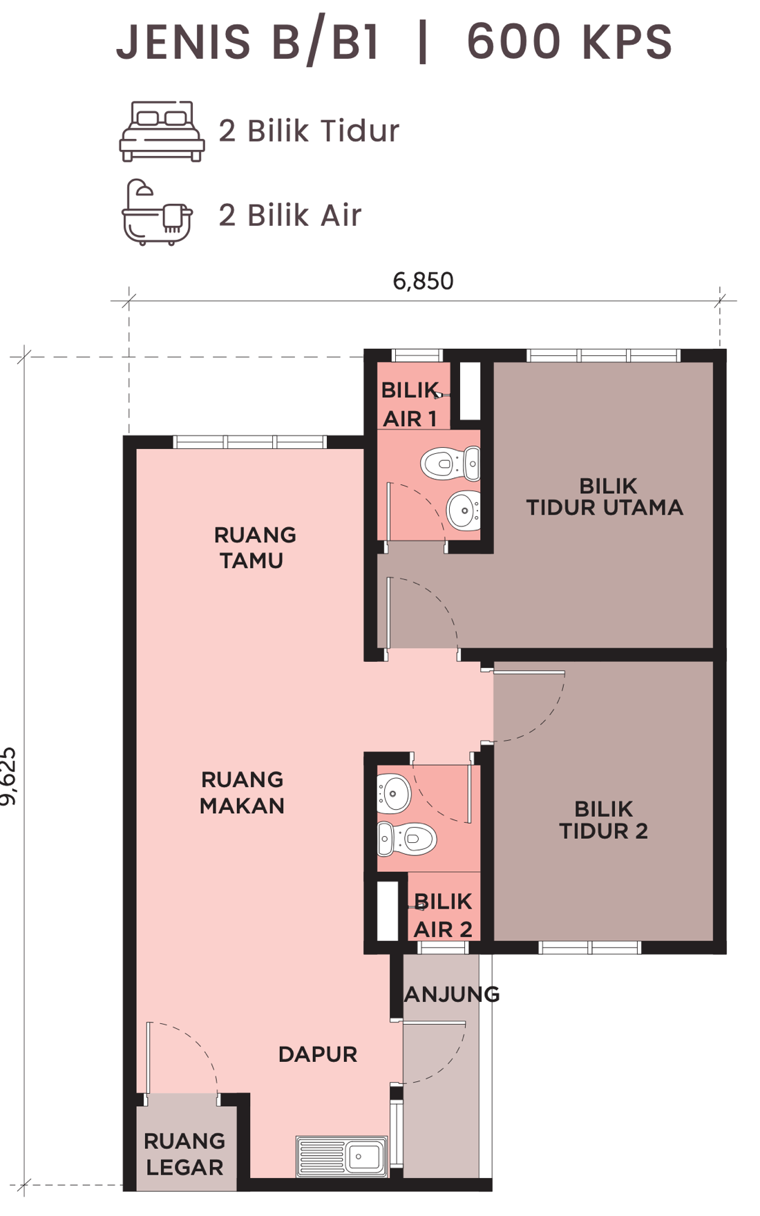 Pelan lantai Jenis B/B1 600 kaki persegi: ruang tamu, ruang makan dan dapur, bilik tidur utama, bilik tidur 2, dua bilik air, anjung dan ruang legar