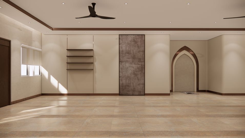 Lakaran artis ruang dalam surau dengan mihrab berbentuk gerbang