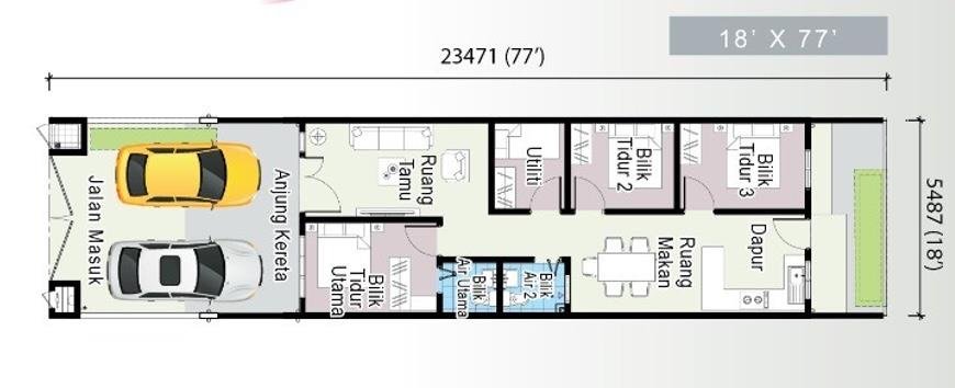 Pelan lantai rumah teres setingkat 18 kaki x 77 kaki: jalan masuk, anjung kereta, ruang tamu, bilik tidur utama dengan bilik air utama, bilik tidur 2 dan 3, bilik utiliti, bilik air 2, ruang makan dan dapur