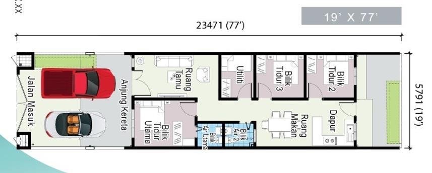 Pelan lantai rumah teres setingkat 19 kaki x 77 kaki: jalan masuk, anjung kereta, ruang tamu, bilik tidur utama dengan bilik air utama, bilik tidur 2 dan 3, bilik utiliti, bilik air 2, ruang makan dan dapur