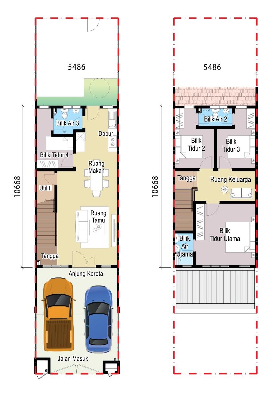 Pelan lantai rumah teres dua tingkat: tingkat bawah dengan anjung kereta, ruang tamu, ruang makan, dapur, bilik tidur 4, bilik utiliti dan bilik air 3; tingkat atas dengan bilik tidur utama dan bilik air utama, bilik tidur 2 dan 3, ruang keluarga dan bilik air 2
