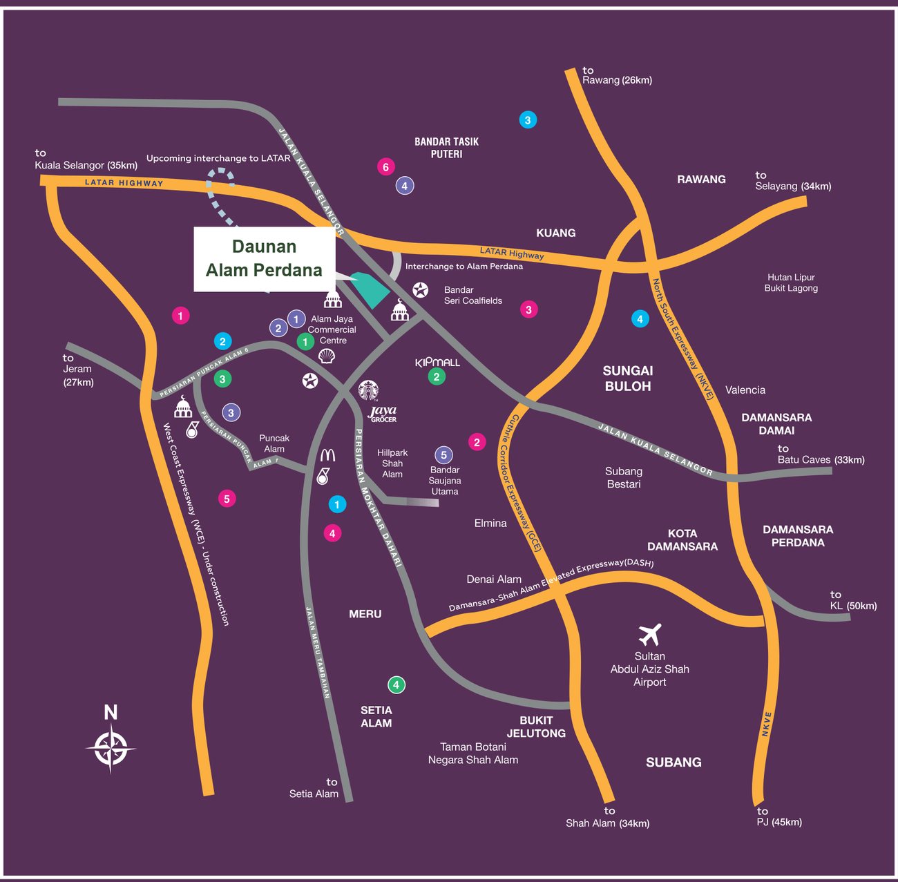 Peta lokasi Daunan Alam Perdana di Puncak Alam berhampiran Lebuhraya LATAR, Jalan Kuala Selangor, Sungai Buloh, Rawang dan Setia Alam