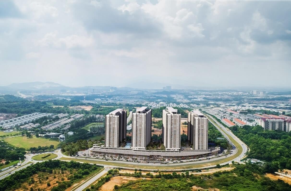 Lakaran artis pandangan udara empat menara Mirai Residence di atas podium, dikelilingi jalan melengkung dan kawasan hijau Kajang