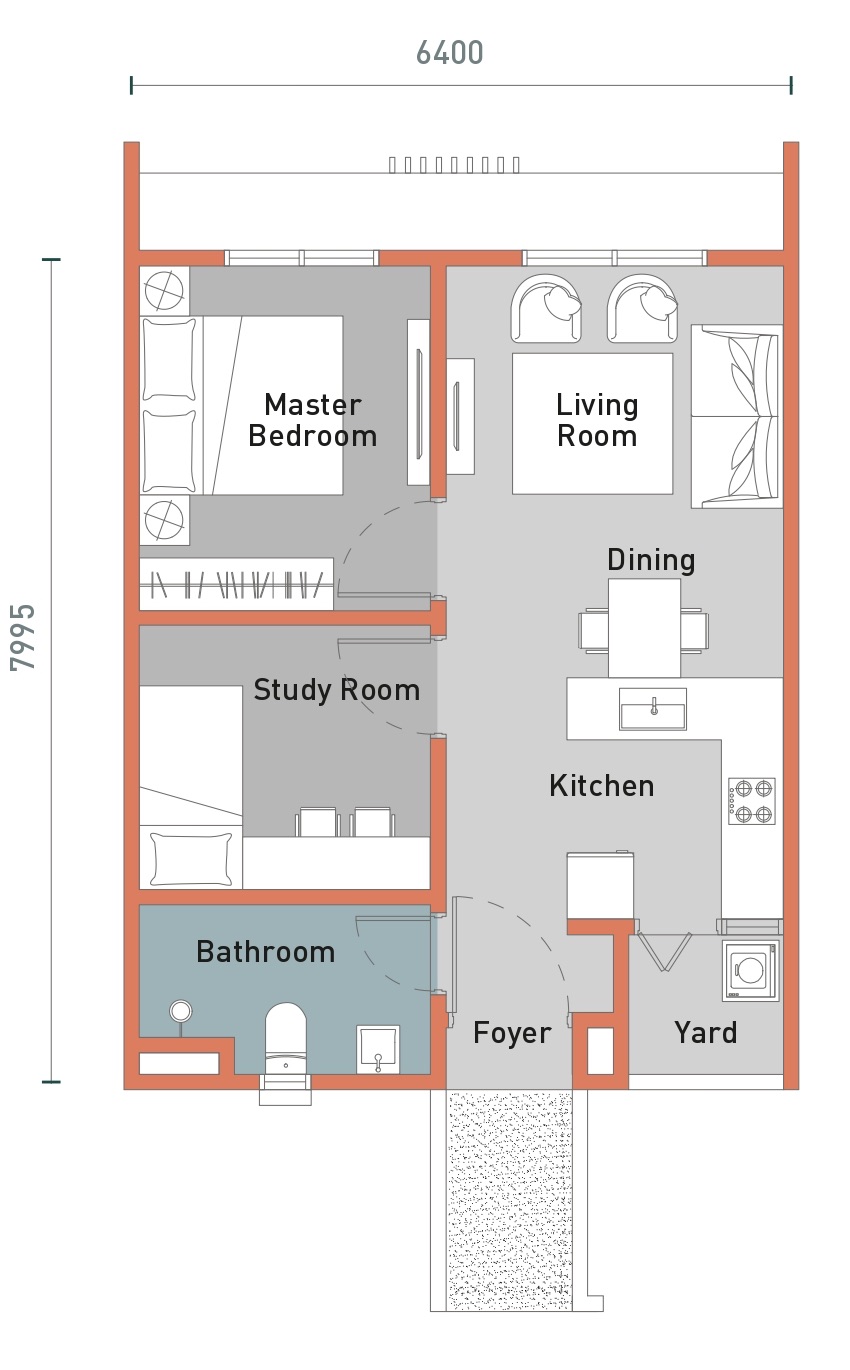 Pelan lantai Jenis A2 578 kps: bilik tidur utama, bilik belajar, bilik air, ruang tamu, ruang makan, dapur, foyer dan yard