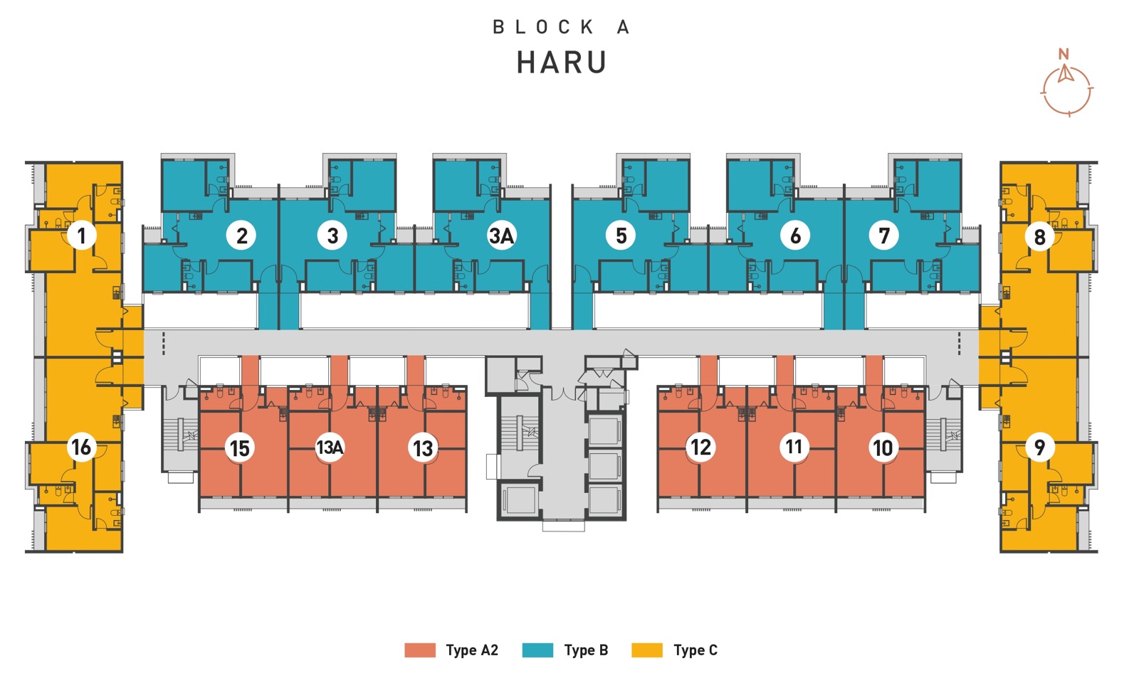 Pelan kunci aras Blok A Haru: unit Jenis B di satu sisi koridor, Jenis A2 di sisi bertentangan dan Jenis C di kedua-dua hujung