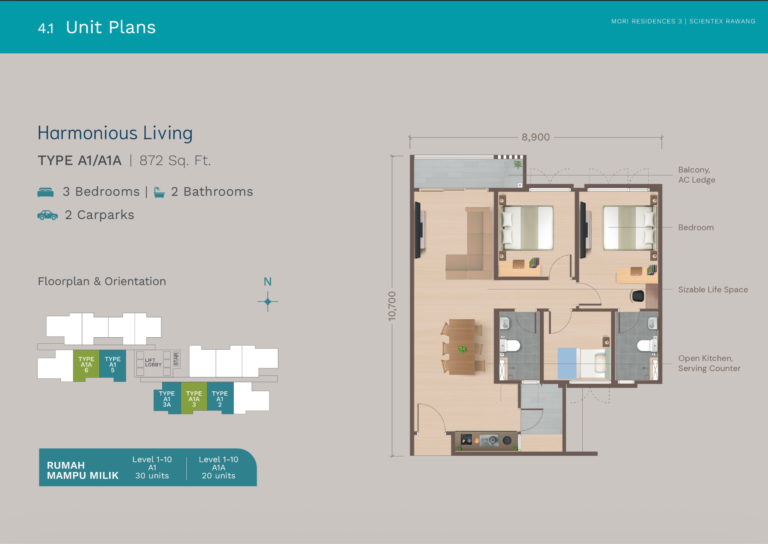 Pelan lantai Mori Residences 3 Jenis A1 dan A1A