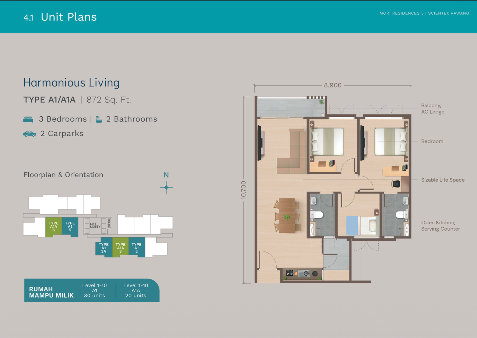 Pelan lantai Mori Residences 3 Jenis A1 dan A1A