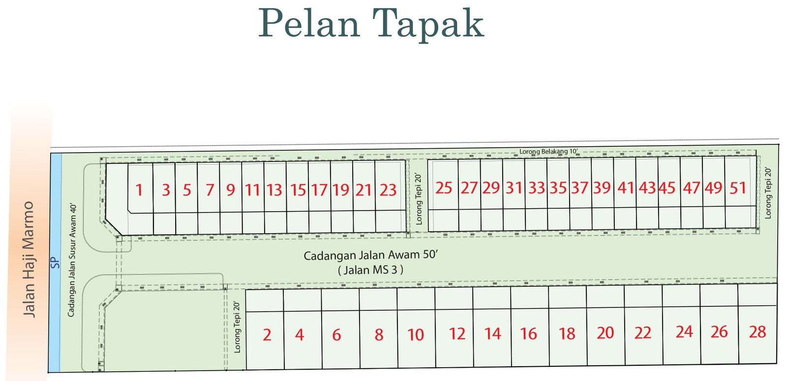Pelan tapak Taman Mutiara Salak: satu baris teres dua tingkat bernombor ganjil dan satu baris Semi-D setingkat bernombor genap di kiri kanan Jalan MS 3, dengan akses dari Jalan Haji Marmo