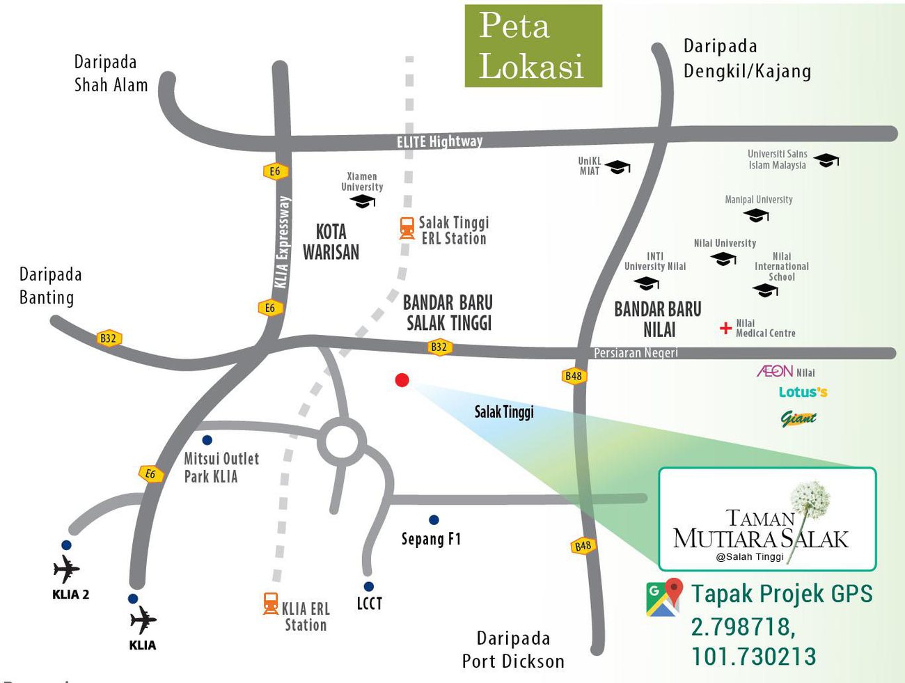 Peta lokasi Taman Mutiara Salak di Salak Tinggi berhampiran Bandar Baru Salak Tinggi, Lebuhraya KLIA, ELITE, KLIA dan Bandar Baru Nilai
