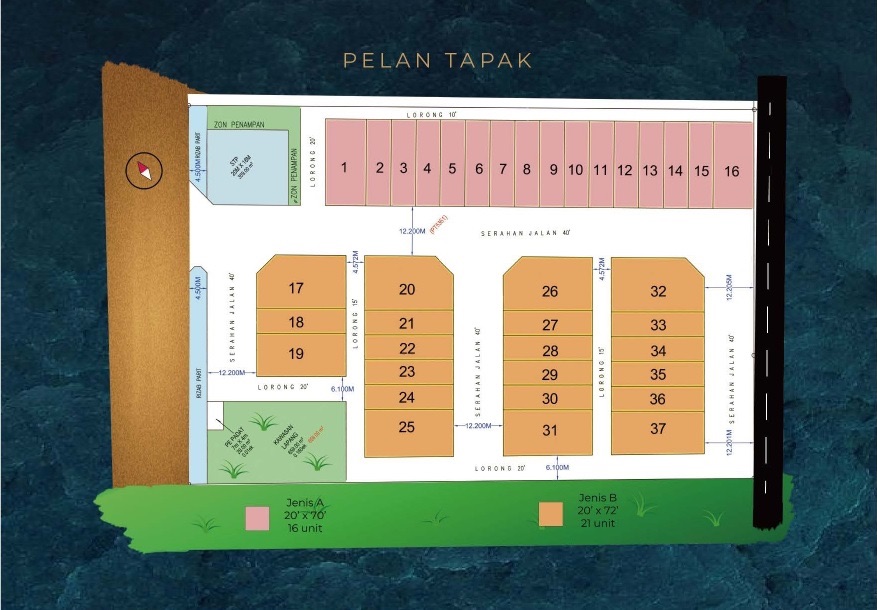 Pelan tapak Nanas Residence: 16 plot Jenis A di barisan atas dan 21 plot Jenis B dalam tiga blok, dengan kawasan lapang