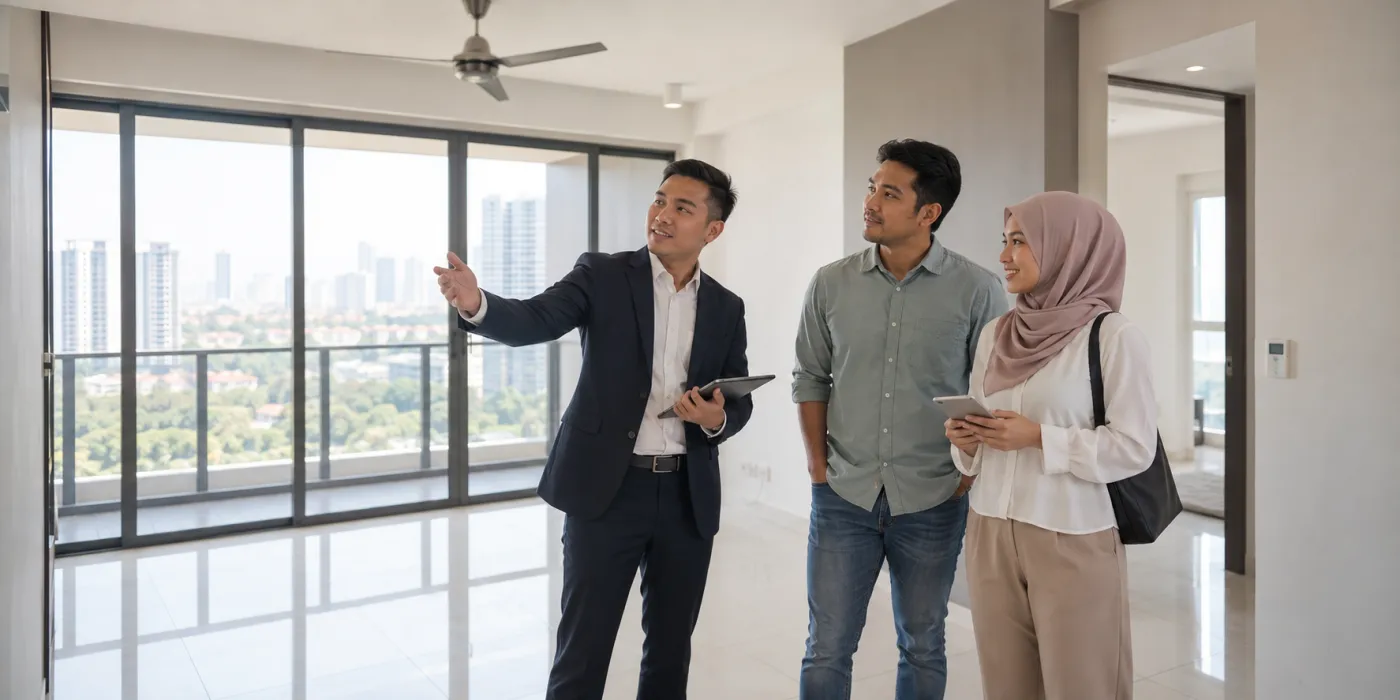 Pasangan melihat ruang apartmen bersama ejen hartanah semasa sesi viewing