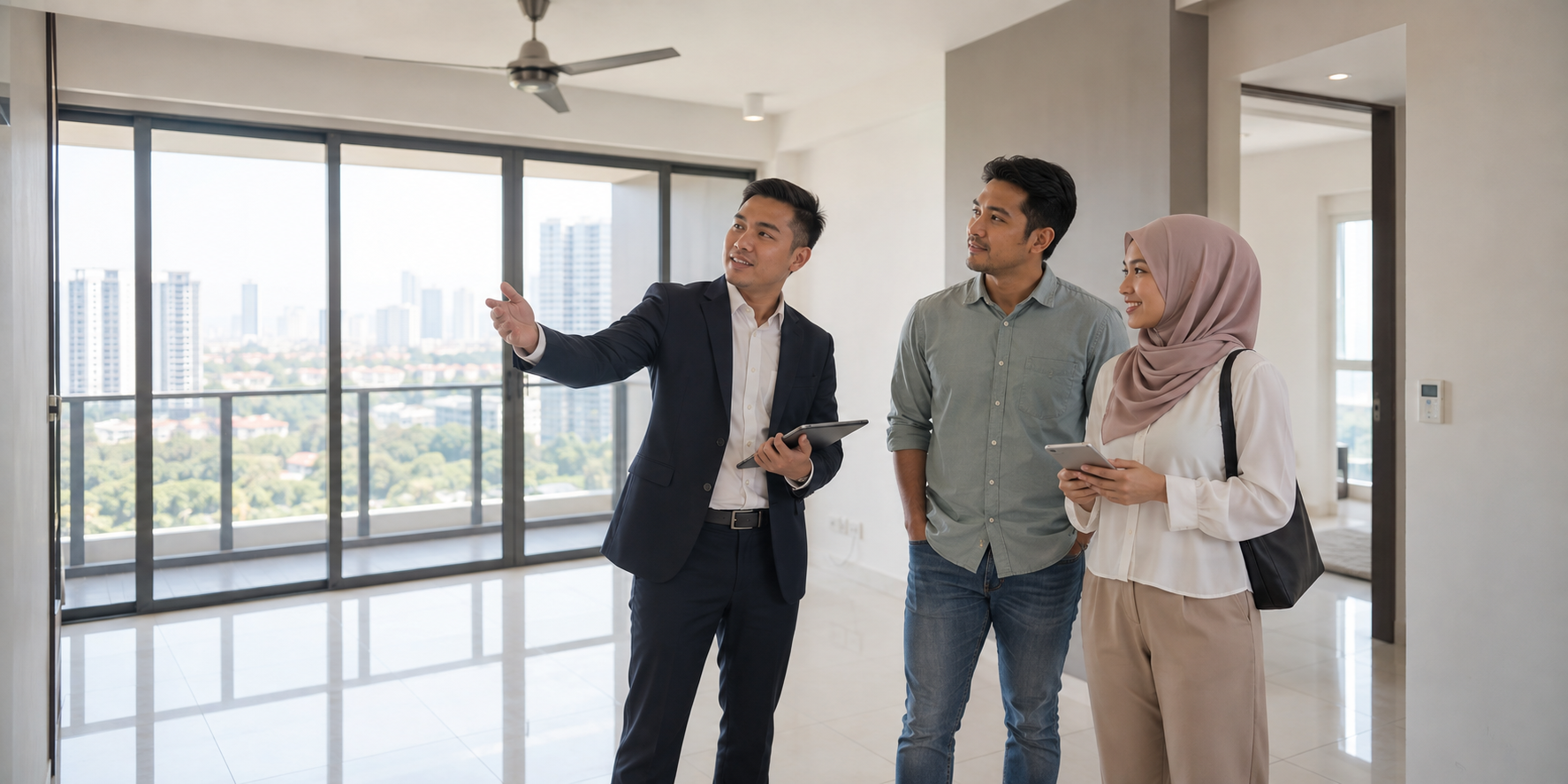Pasangan melihat ruang apartmen bersama ejen hartanah semasa sesi viewing