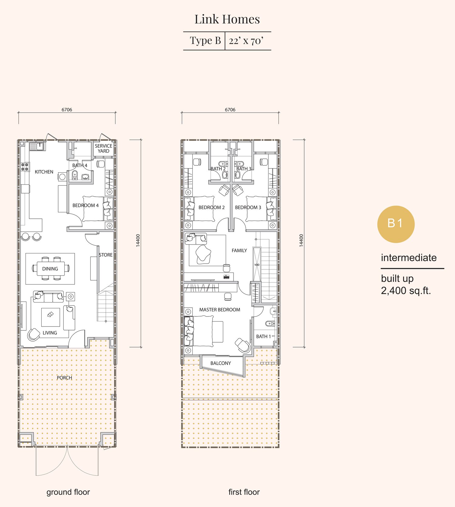 Pelan lantai Jenis B1 Avela: tingkat bawah dengan porch, ruang tamu, ruang makan, dapur, stor, bilik tidur 4 dan bilik air 4; tingkat satu dengan bilik tidur utama berbilik air dan balkoni, bilik tidur 2 dan 3, dua bilik air dan ruang keluarga