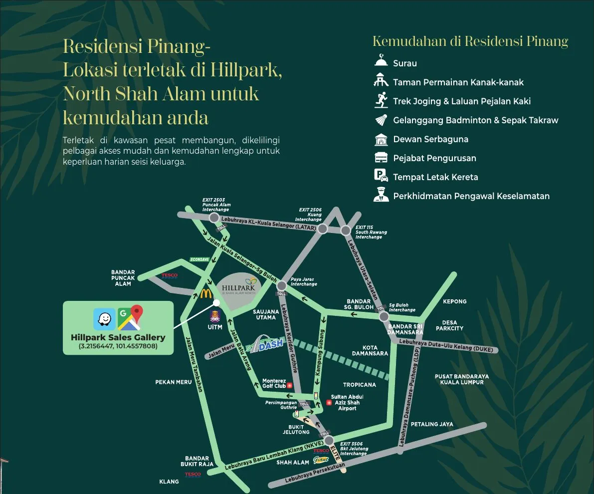 Peta lokasi dan senarai kemudahan Residensi Pinang daripada bahan projek