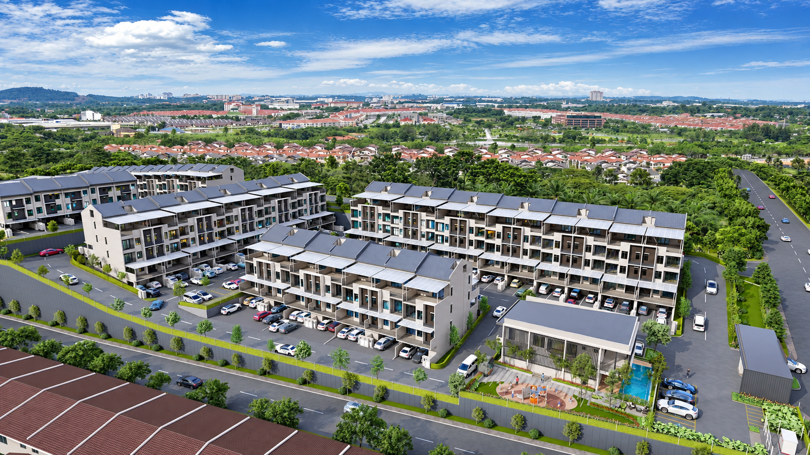 Gambaran artis fasad Town Villa Residensi Lestari 1 Balakong pada waktu siang